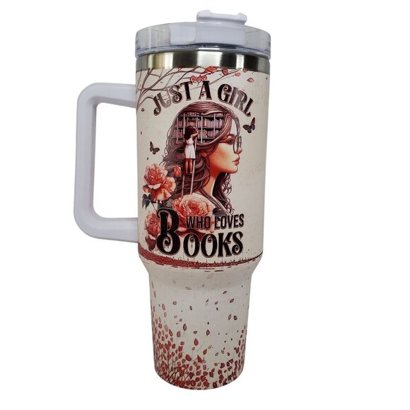 Just A Girl Who Loves Books Travel Tumbler 40 Oz Handle & Lid Book Worm Gift - Picture 1 of 4